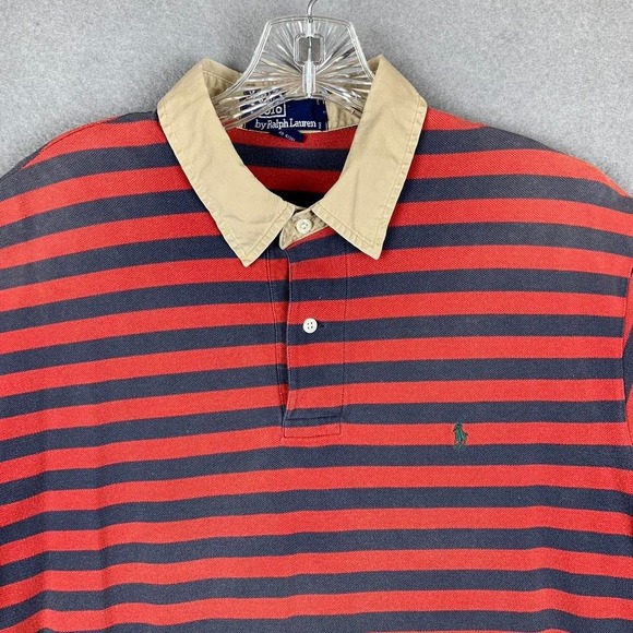 Vintage 90's Polo Ralph Lauren Polo Shirt Striped Rugby Red Blue Men's Large - Picture 5 of 8